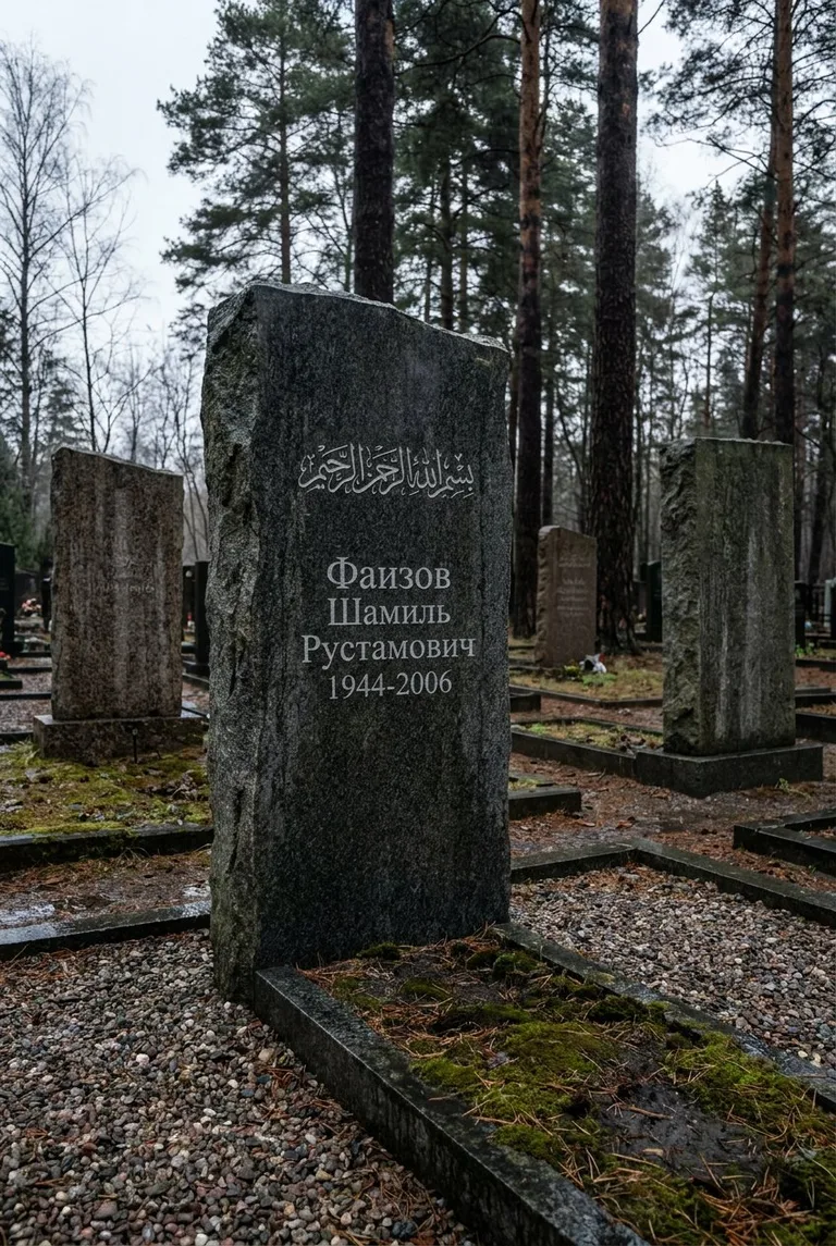 Памятник из серого гранита на Даниловском мусульманском кладбище