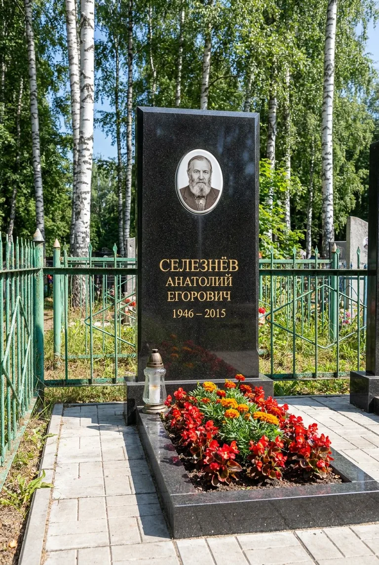 Гранитный памятник с портретом на Хованском кладбище