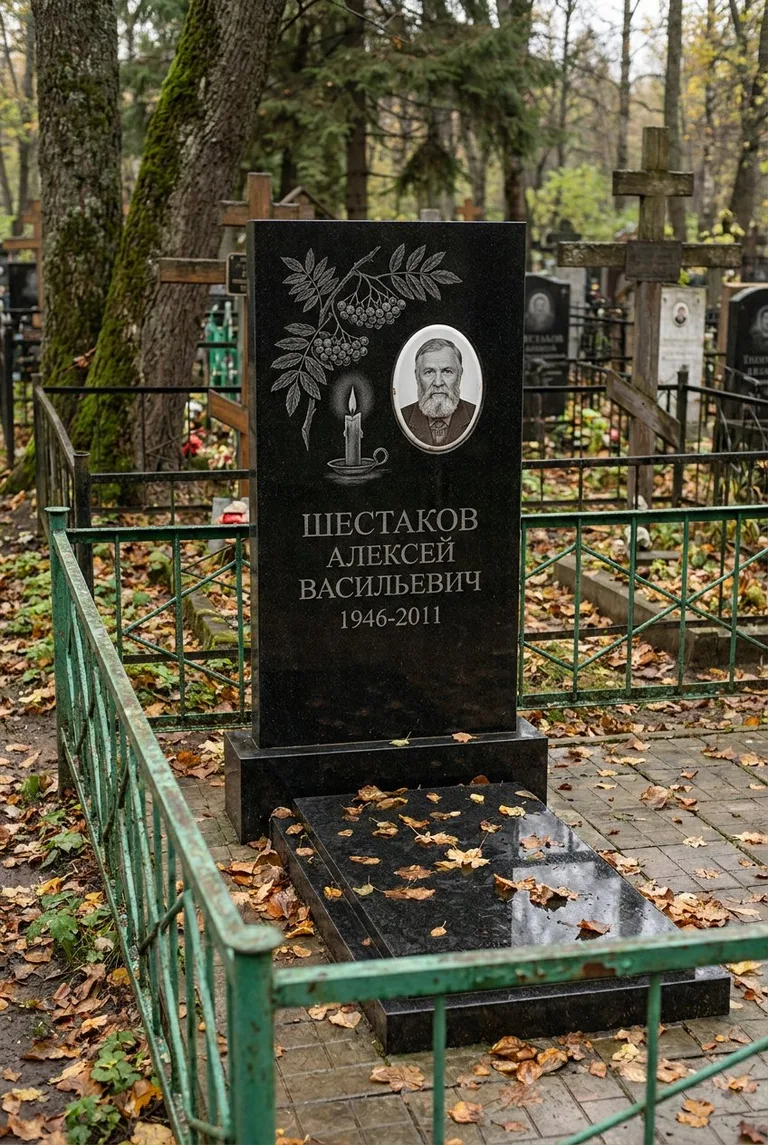 Гранитный памятник с гравировкой на Николо-Архангельском кладбище