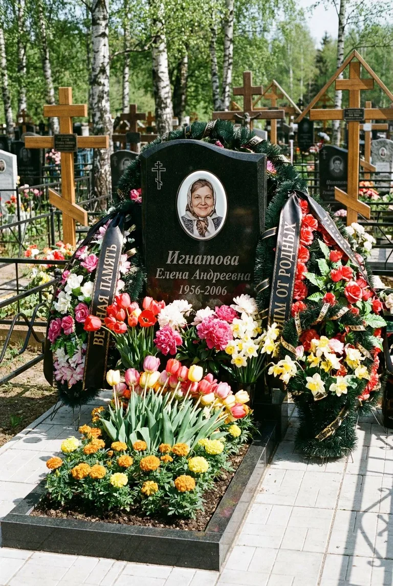 Гранитный памятник с цветником на Ваганьковском кладбище