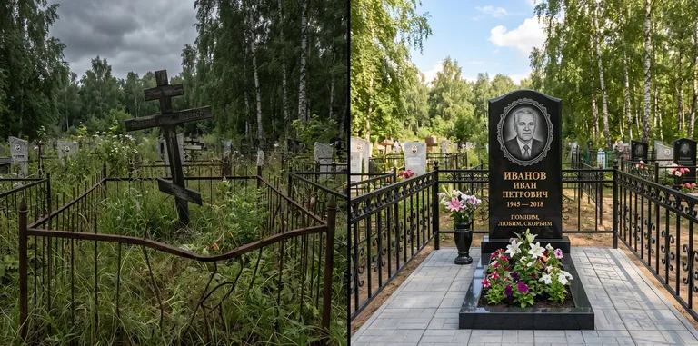 Благоустройство могилы до и после установки памятника в Москве