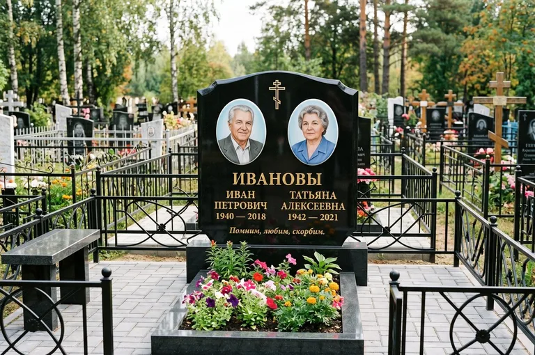 Установка памятника на бетонное основание с цоколем и цветником в Москве