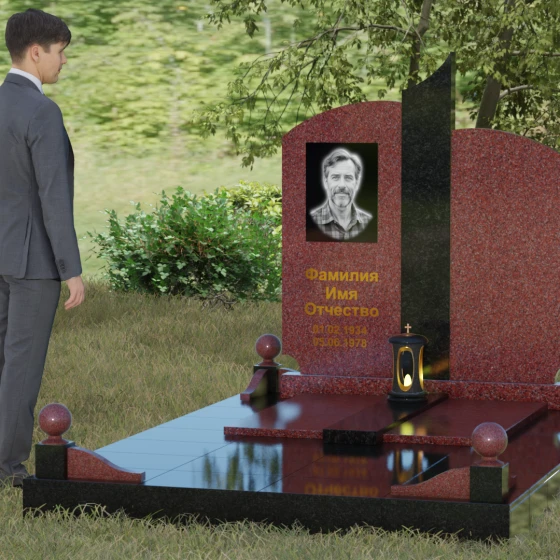 Гранитный памятник с дугообразными завершениями и колонной, гранит Лезниковский, вид 4