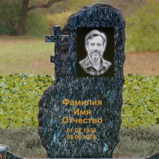 Надгробие со скалой и крестом, гранит Блю Перл