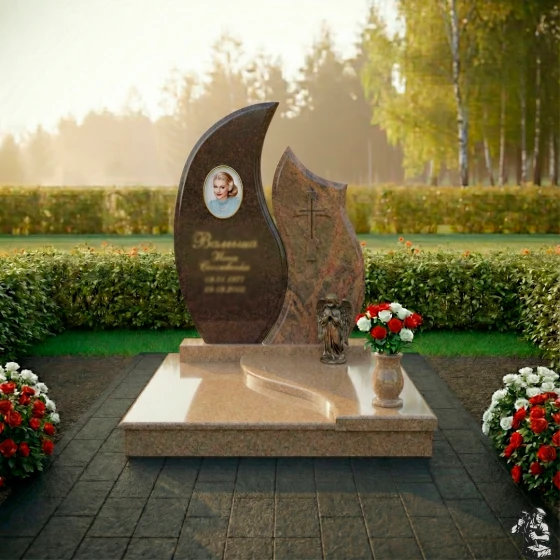 Комбинированный памятник с крестом и ангелом, гранит Дымовский