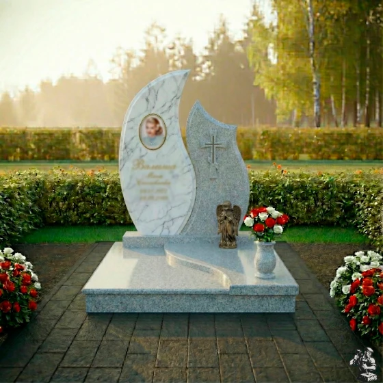 Комбинированный памятник с крестом и ангелом, мрамор Тассос