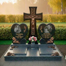 Мемориал из гранита с крестом и сердцами ПН248