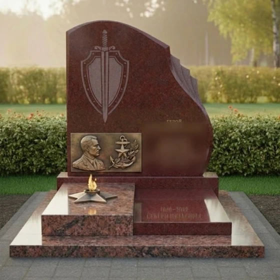 Гранитный памятник с барельефом якоря и звезды, гранит Лезниковский