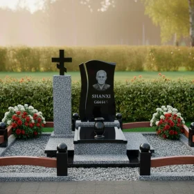 Гранитный памятник с волнообразной стелой и гравировкой - ПН428