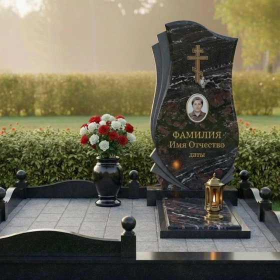 Мемориальный комплекс с изогнутой стелой и крестом, гранит амфиболит