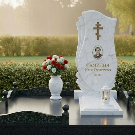 Мемориальный комплекс с изогнутой стелой и крестом, мрамор Тассос