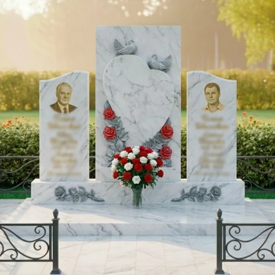 Гранитная мемориальная композиция с сердцем и голубями, мрамор Тассос