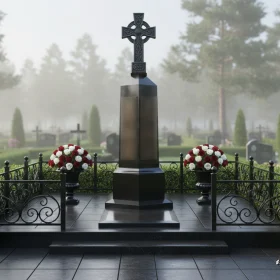 Гранитный памятник с кельтским крестом и оградой - ПН677
