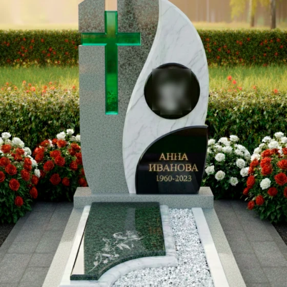 Комбинированный памятник с волной и крестом, гранит Мансуровский