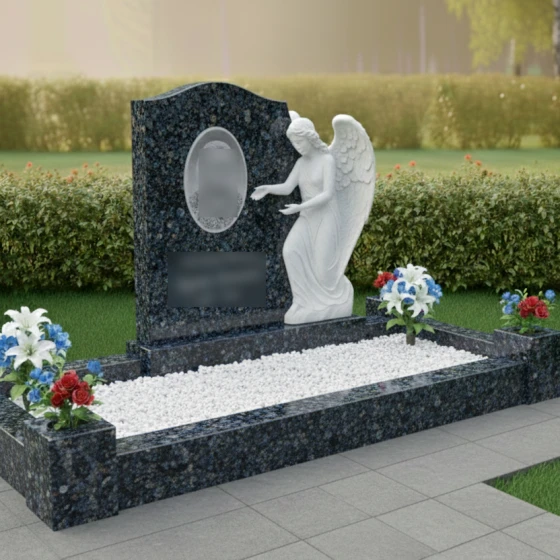 Элитное надгробие с мраморной статуей ангела, гранит Блю Перл