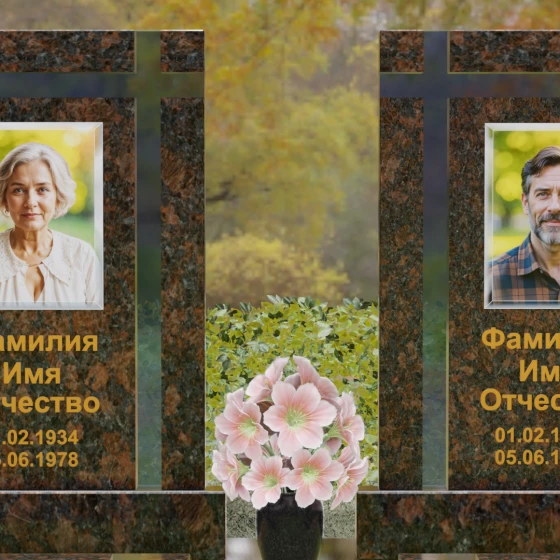 Вертикальный гранитный памятник с крестом и сферами, гранит Дымовский