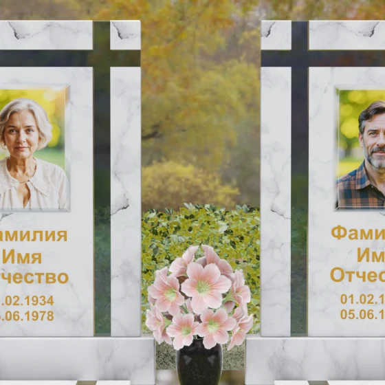 Вертикальный гранитный памятник с крестом и сферами, мрамор Тассос