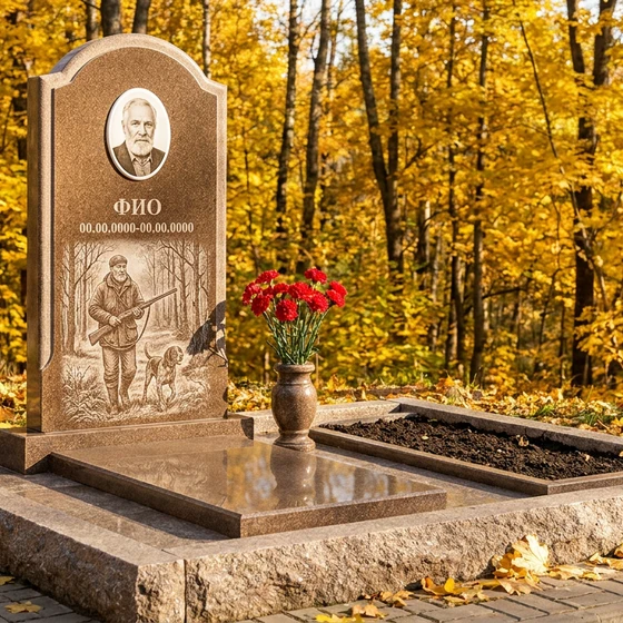 Гранитный памятник охотнику арочной формы с ружьём и собакой