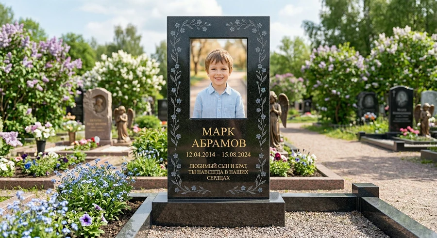 detskiy-pamyatnik-iz-chernogo-granita-s-tsvetami